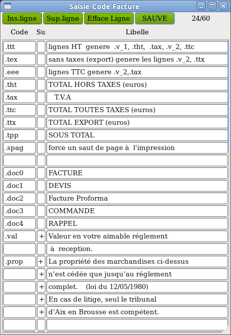 Codes facture