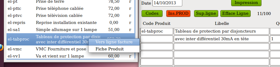 produit vers ligne facture